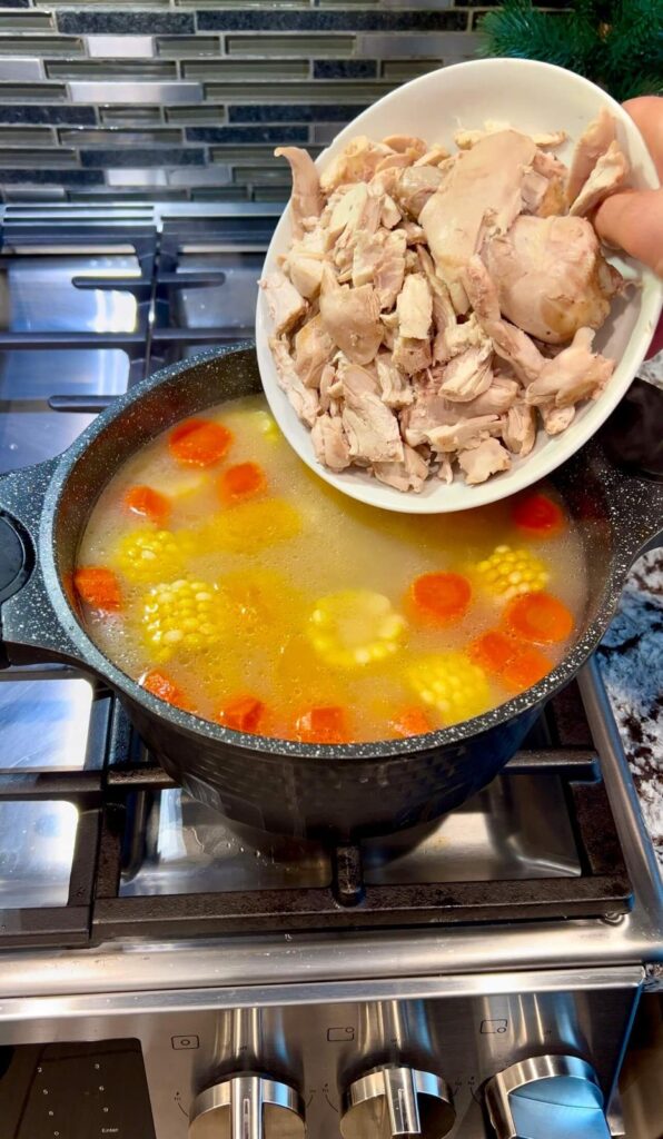 A pot of simmering chicken with herbs and spices, forming a rich base for the stew.