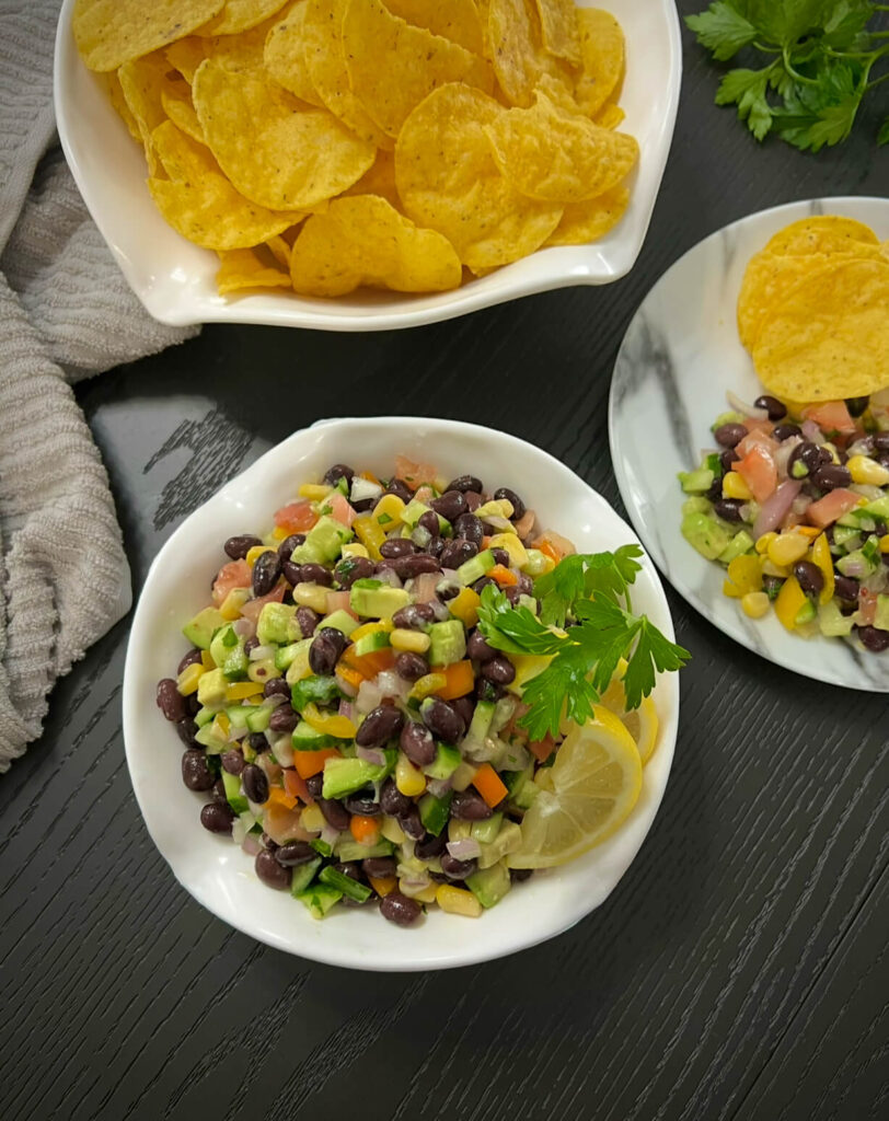 Black bean salsa served with corn chips 