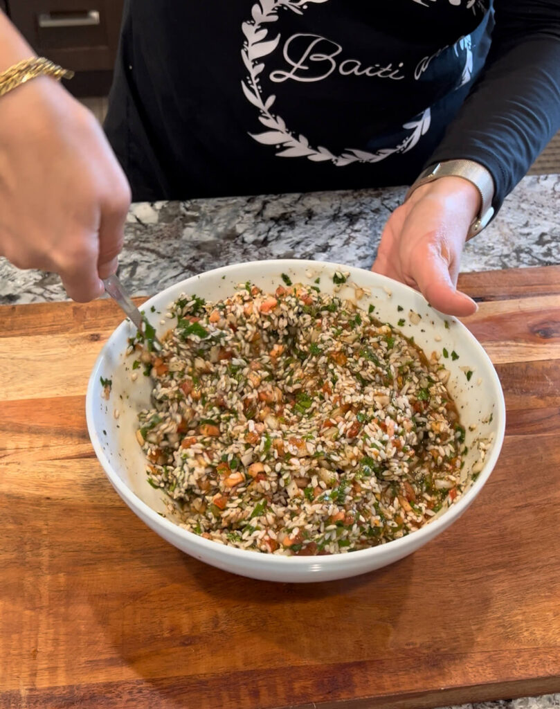 Make the filling for the Lebanese Stuffed Cabbage Roll