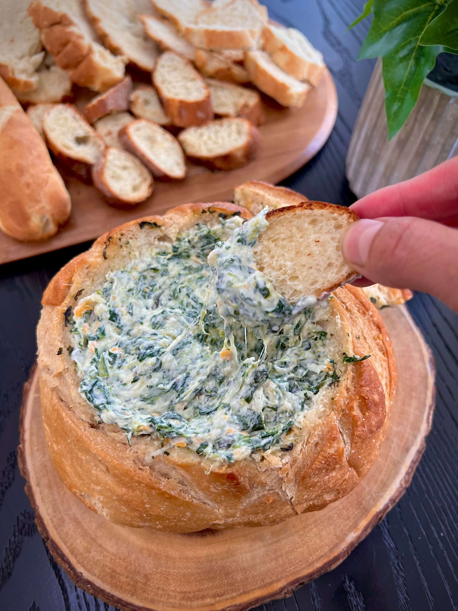 Baked spinach dip in a bread bowl