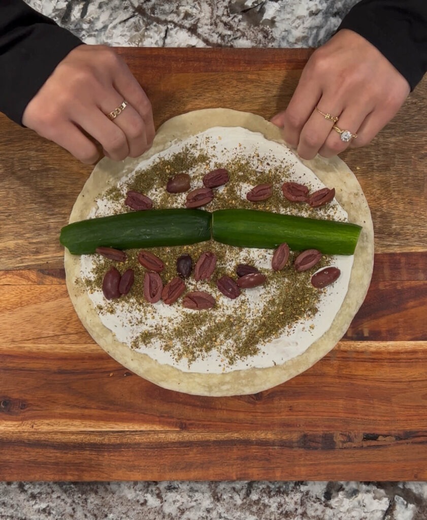 Labneh with cucumber olives and Zaatar pinwheels 