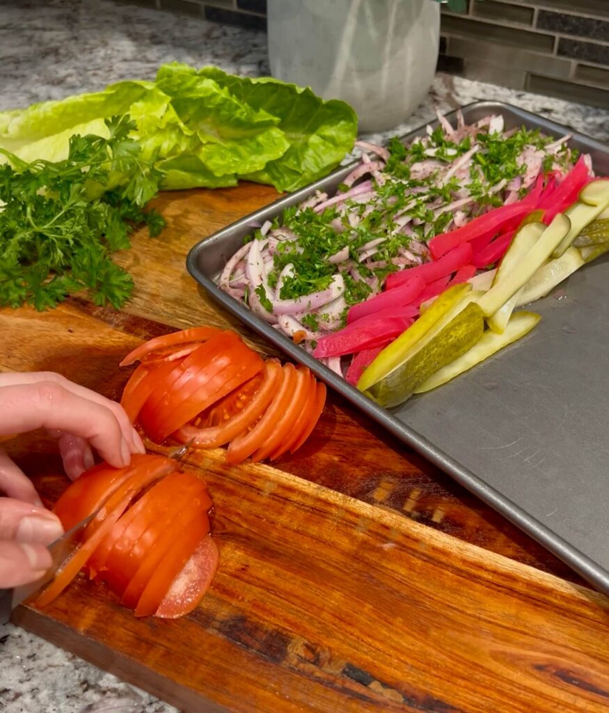 Cutting veggies for beef shawarma 