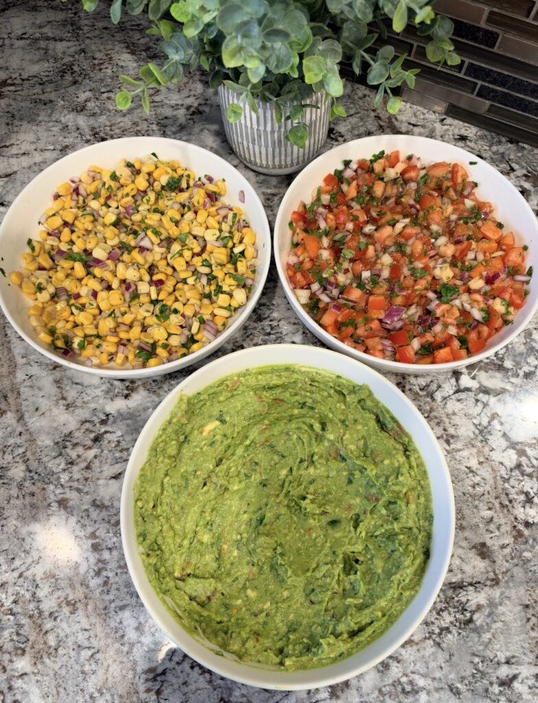 Guacamole,pico de gallo and corn salsa